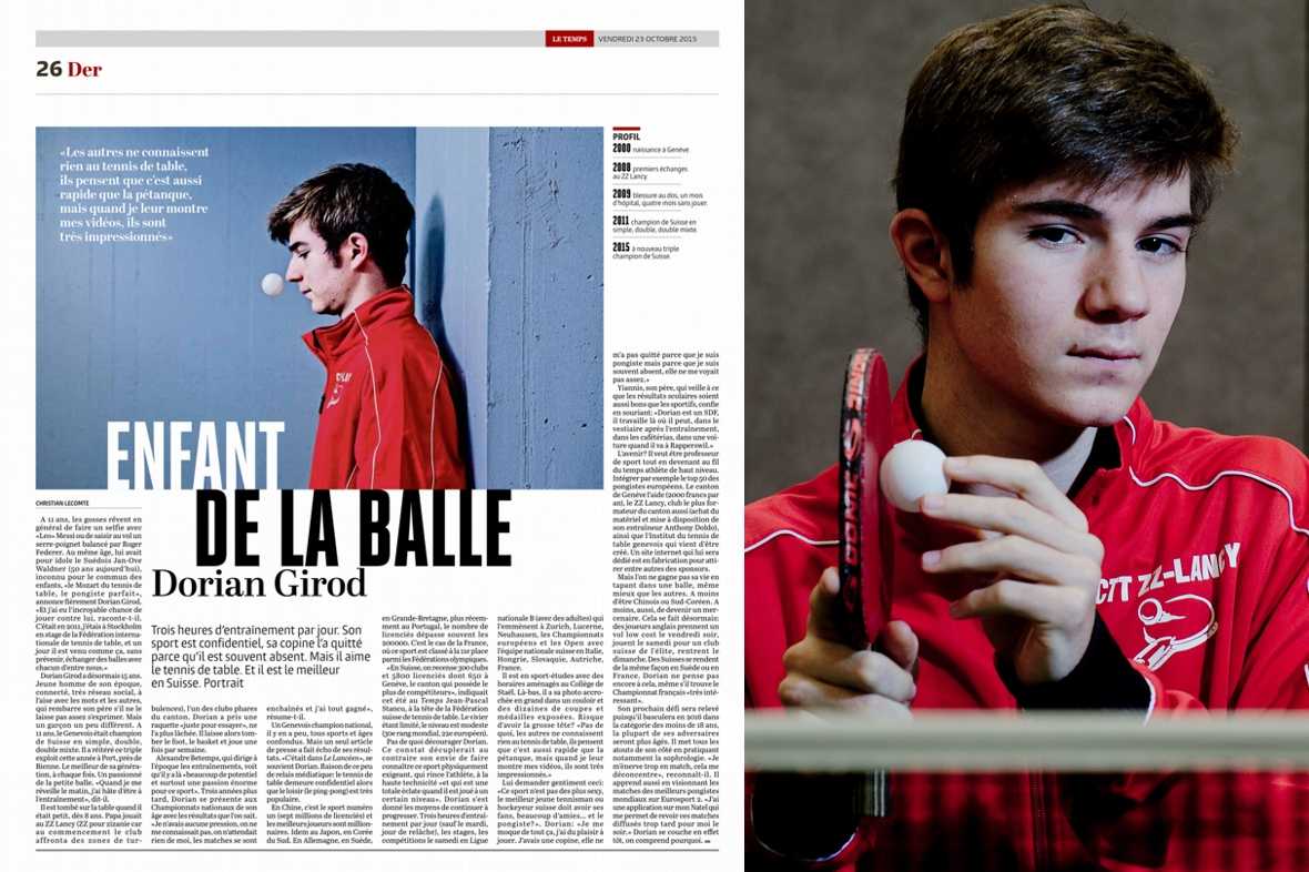 Article Journal Le Temps Der page 26 octobre 2015 - Dorian Girod enfant de la balle