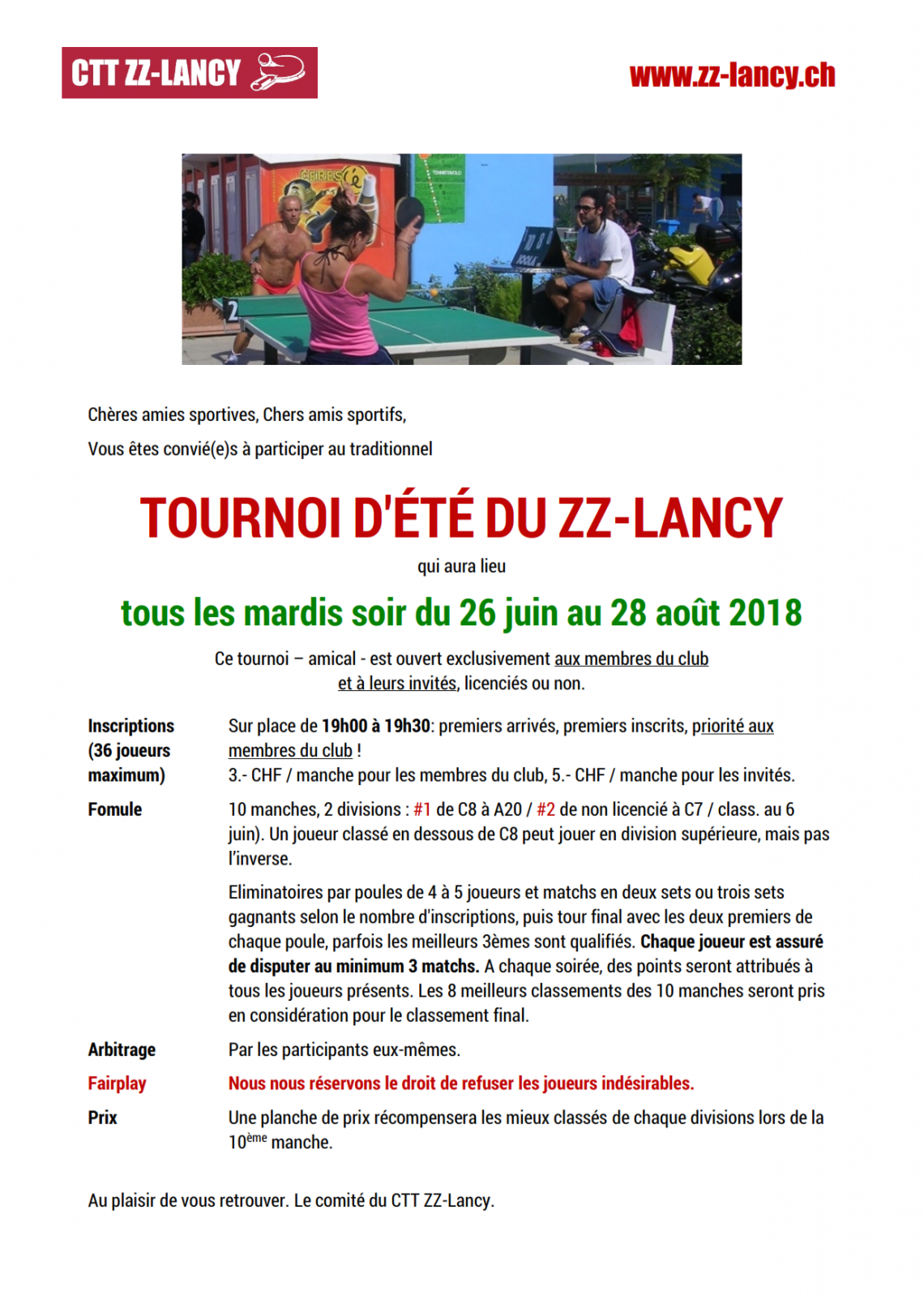 Invitation au Tournoi d'été 2018 du CTT ZZ-Lancy