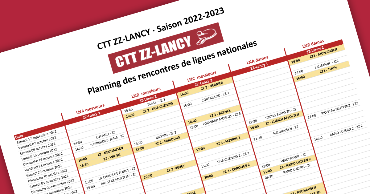 Planning des rencontres de ligue nationales du CTT ZZ Lancy 2022 2023 1